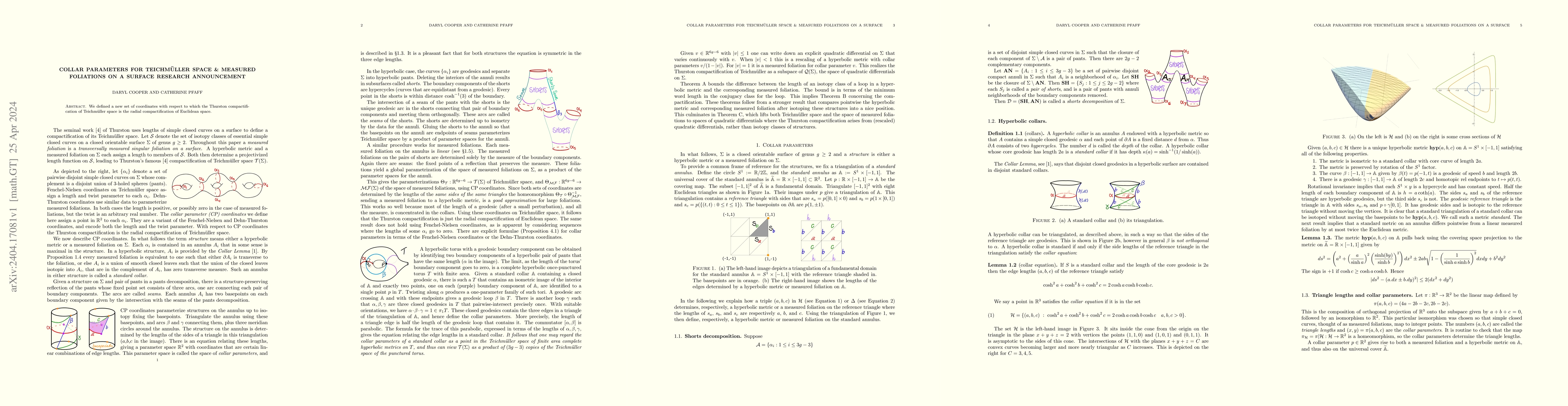 Thumbnail for Collar parameters for Teichmuller Space & Measured Foliations on a
  Surface Research Announcement