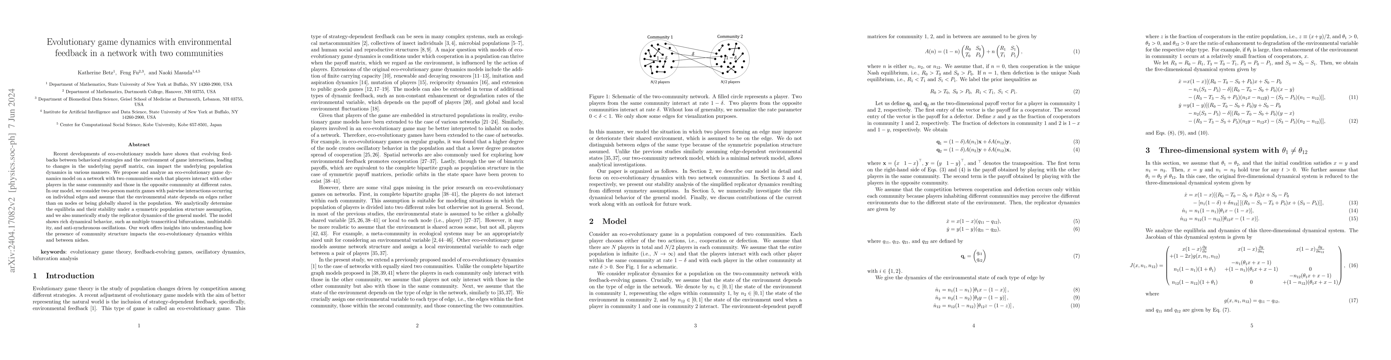 Thumbnail for Evolutionary game dynamics with environmental feedback in a network with
  two communities