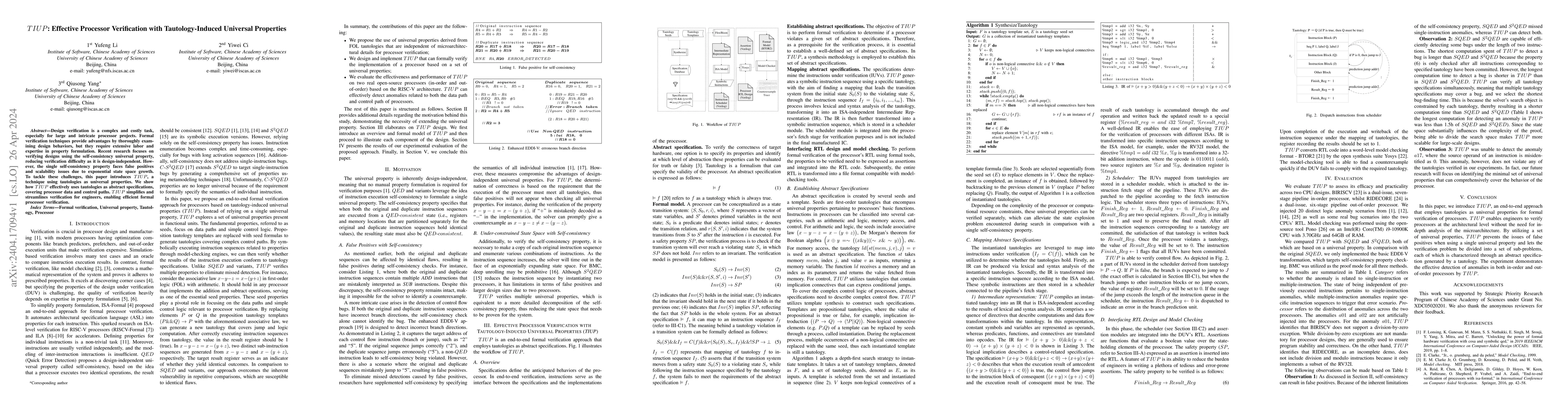 Thumbnail for TIUP: Effective Processor Verification with Tautology-Induced Universal
  Properties