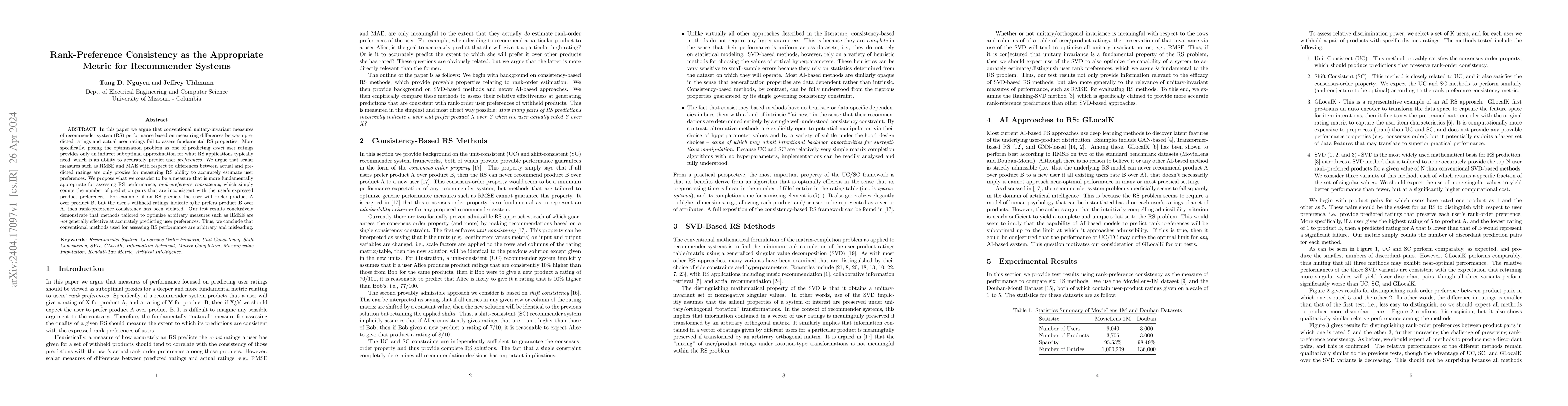 Thumbnail for Rank-Preference Consistency as the Appropriate Metric for Recommender
  Systems