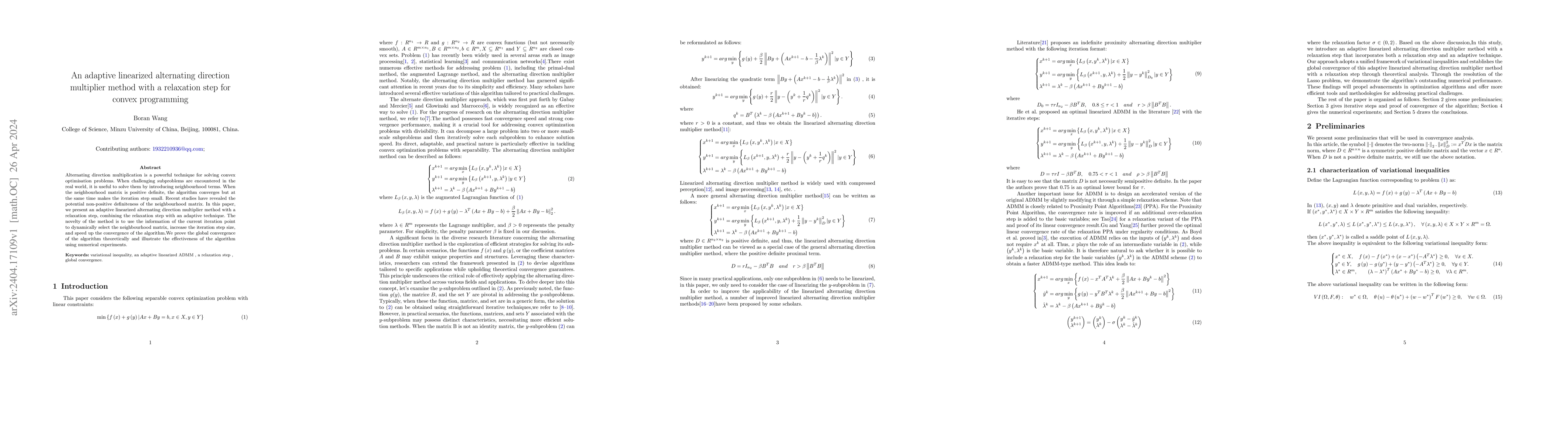 Thumbnail for An adaptive linearized alternating direction multiplier method with a
  relaxation step for convex programming