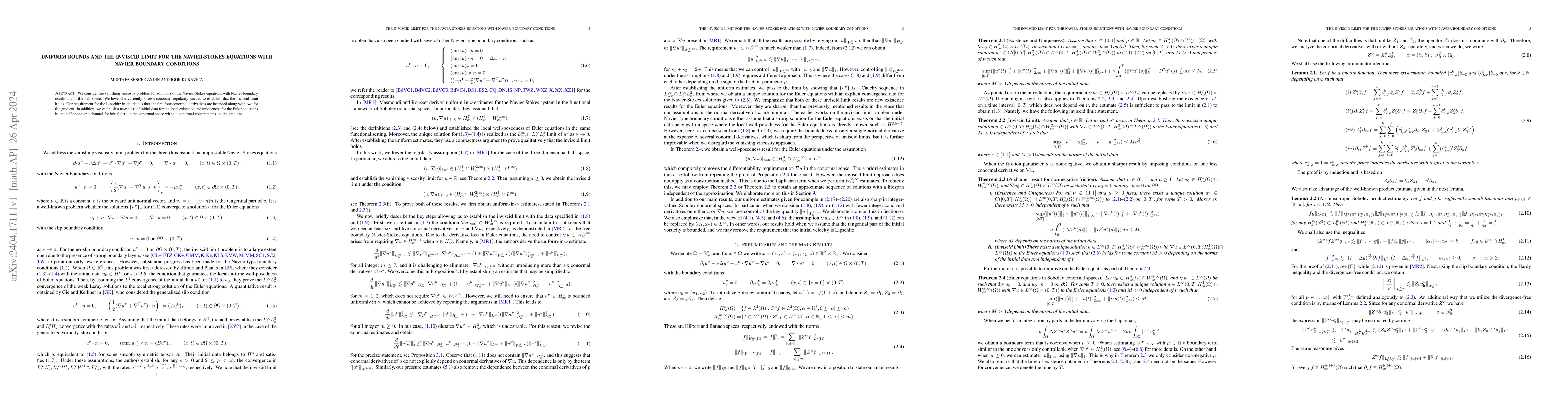 Thumbnail for Uniform bounds and the inviscid limit for the Navier-Stokes equations
  with Navier boundary conditions