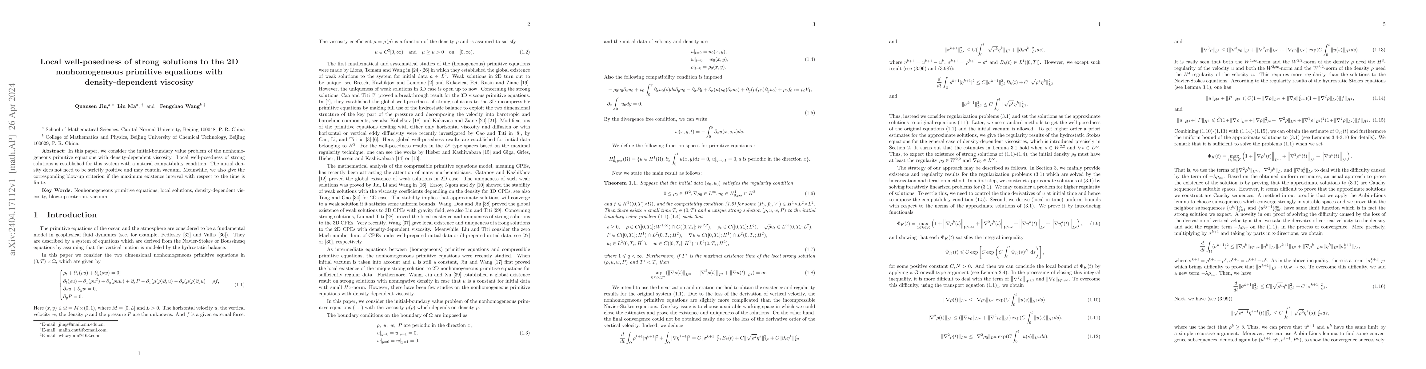 Thumbnail for Local well-posedness of strong solutions to the 2D nonhomogeneous
  primitive equations with density-dependent viscosity