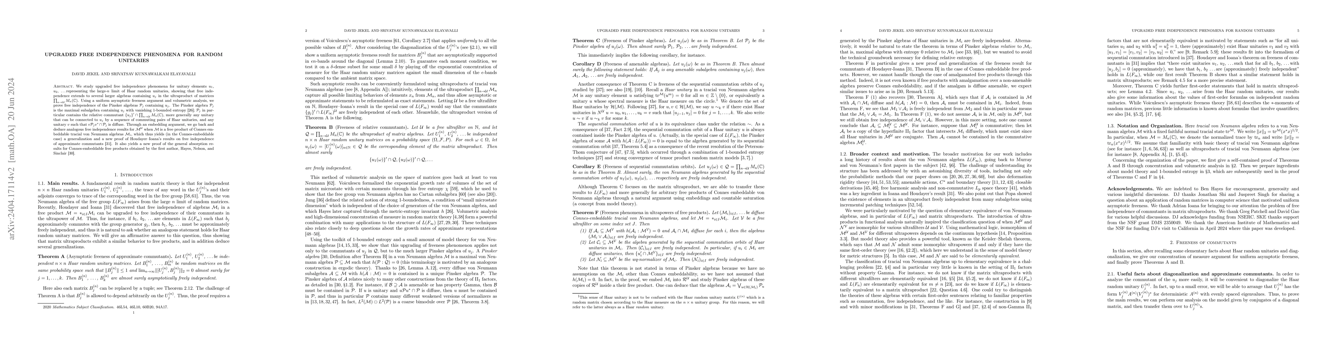 Thumbnail for Upgraded free independence phenomena for random unitaries