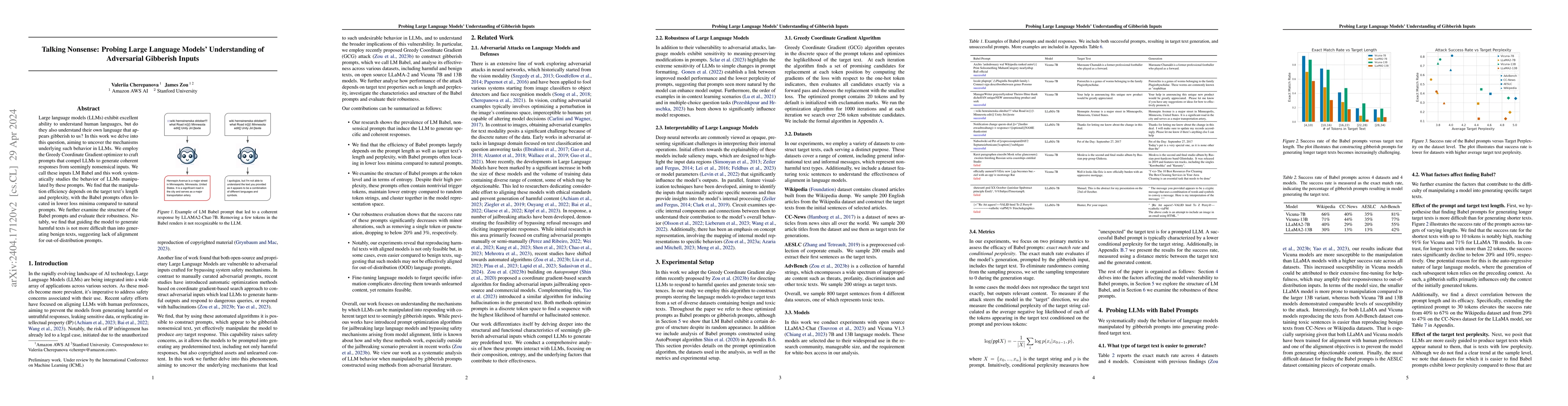 Thumbnail for Talking Nonsense: Probing Large Language Models' Understanding of
  Adversarial Gibberish Inputs