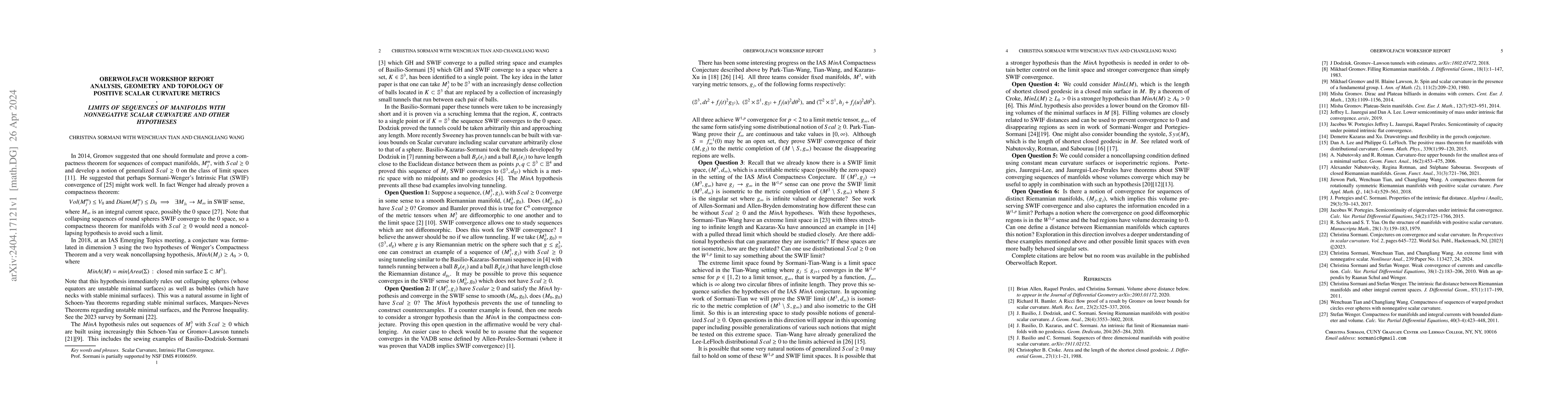 Thumbnail for Oberwolfach Workshop Report: Analysis, Geometry and Topology of Positive
  Scalar Curvature Metrcs: Limits of sequences of manifolds with nonnegative
  scalar curvature and other hypotheses