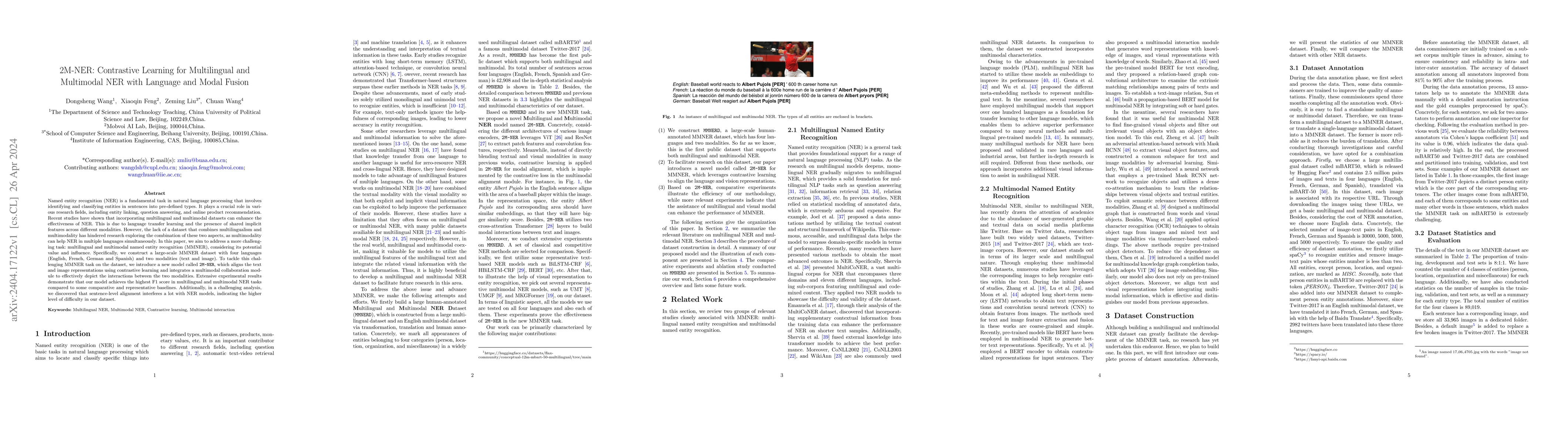 Thumbnail for 2M-NER: Contrastive Learning for Multilingual and Multimodal NER with
  Language and Modal Fusion