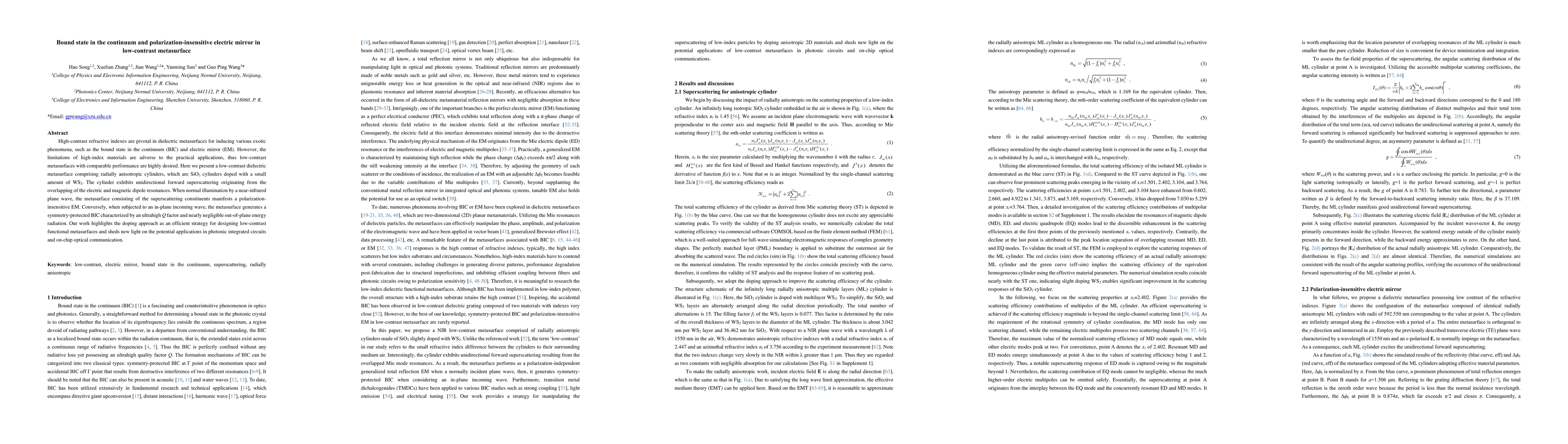 Thumbnail for Bound state in the continuum and polarization-insensitive electric
  mirror in low-contrast metasurface