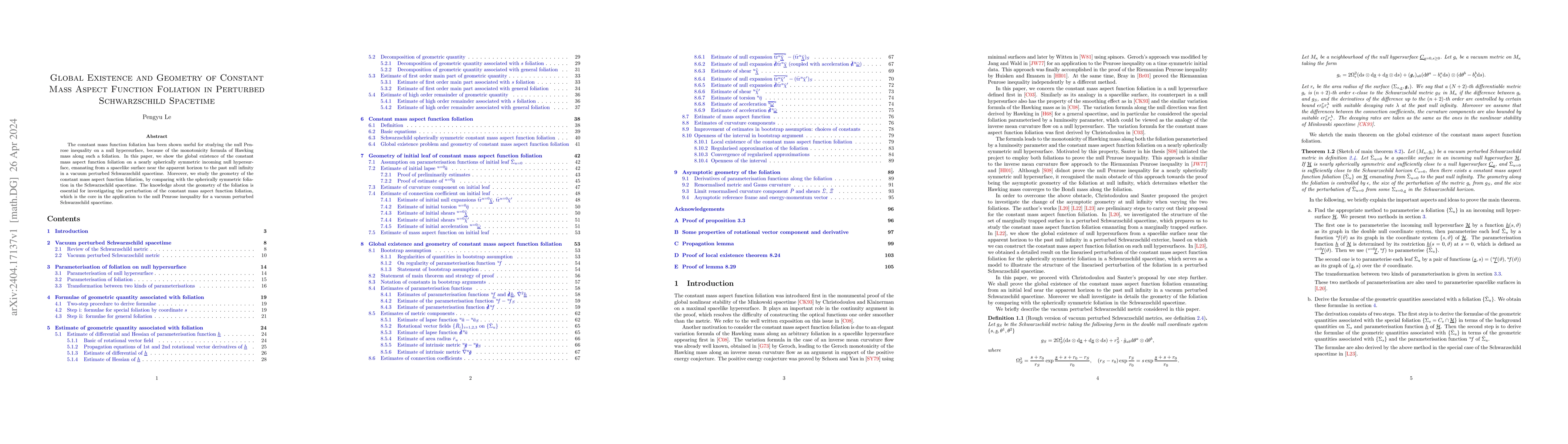 Thumbnail for Global existence and geometry of constant mass aspect function foliation
  in perturbed Schwarzschild spacetime