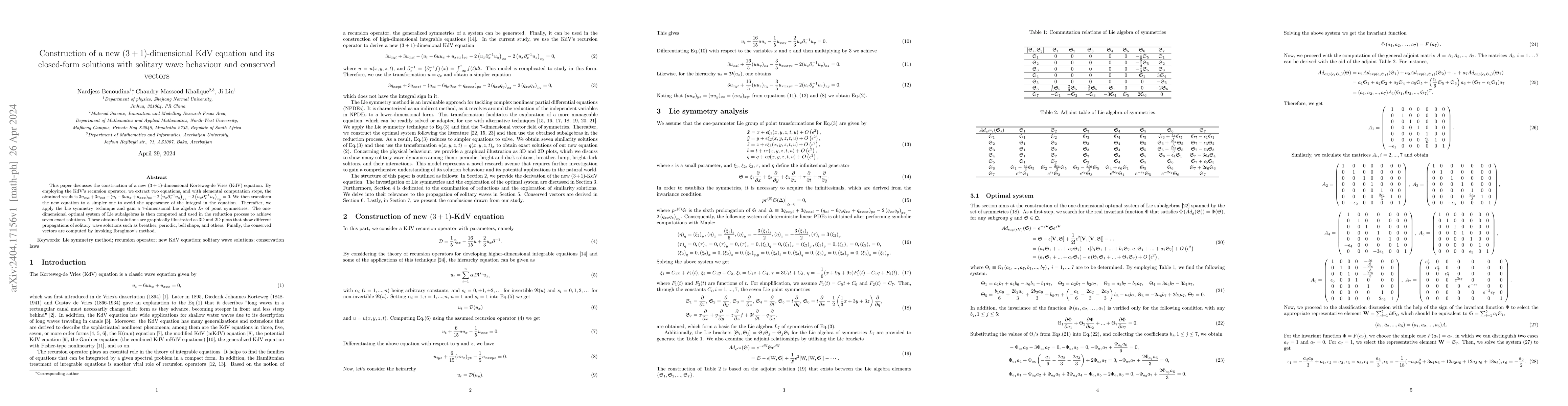 Thumbnail for Construction of a new (3 + 1)-dimensional KdV equation and its
  closed-form solutions with solitary wave behaviour and conserved vectors