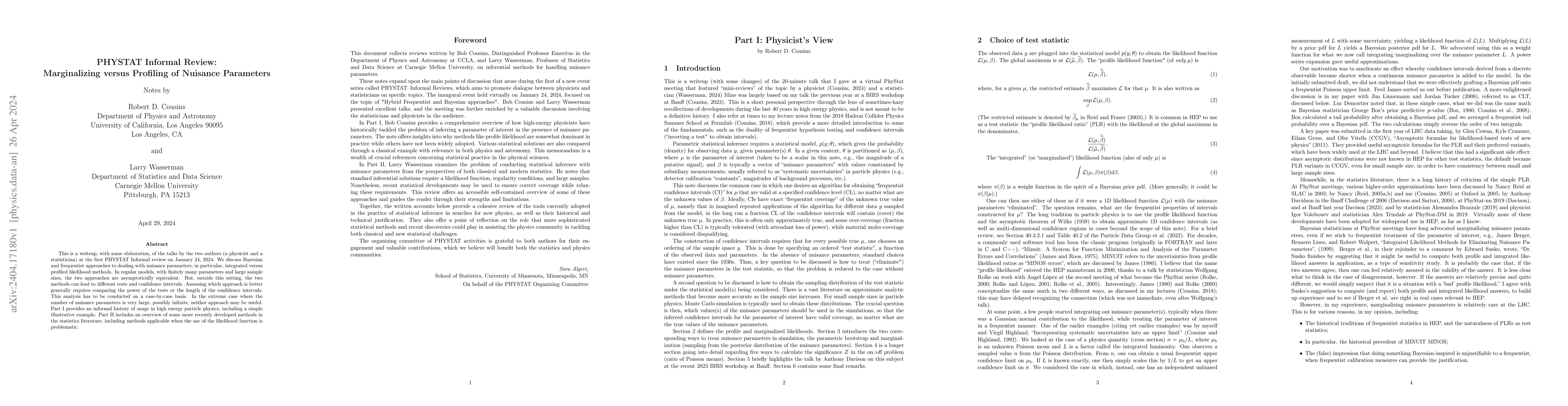 Thumbnail for PHYSTAT Informal Review: Marginalizing versus Profiling of Nuisance
  Parameters