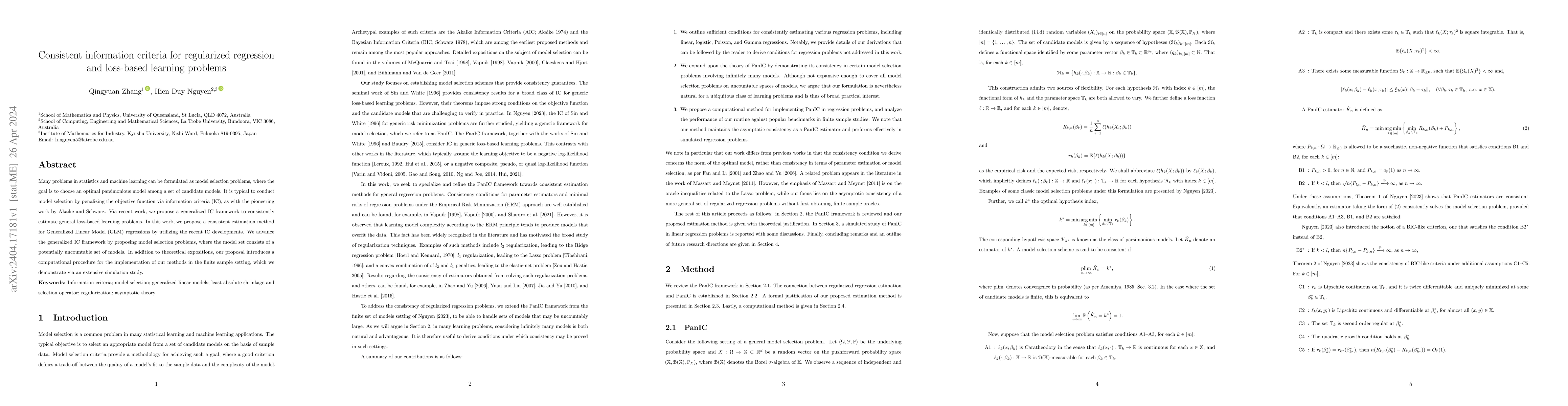 Thumbnail for Consistent information criteria for regularized regression and
  loss-based learning problems