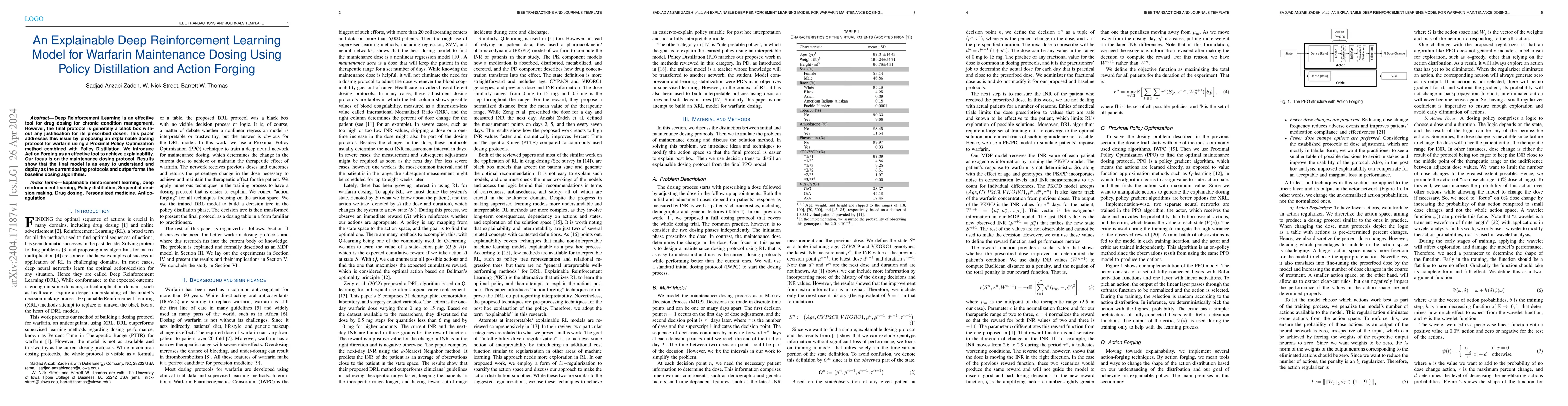 Thumbnail for An Explainable Deep Reinforcement Learning Model for Warfarin
  Maintenance Dosing Using Policy Distillation and Action Forging