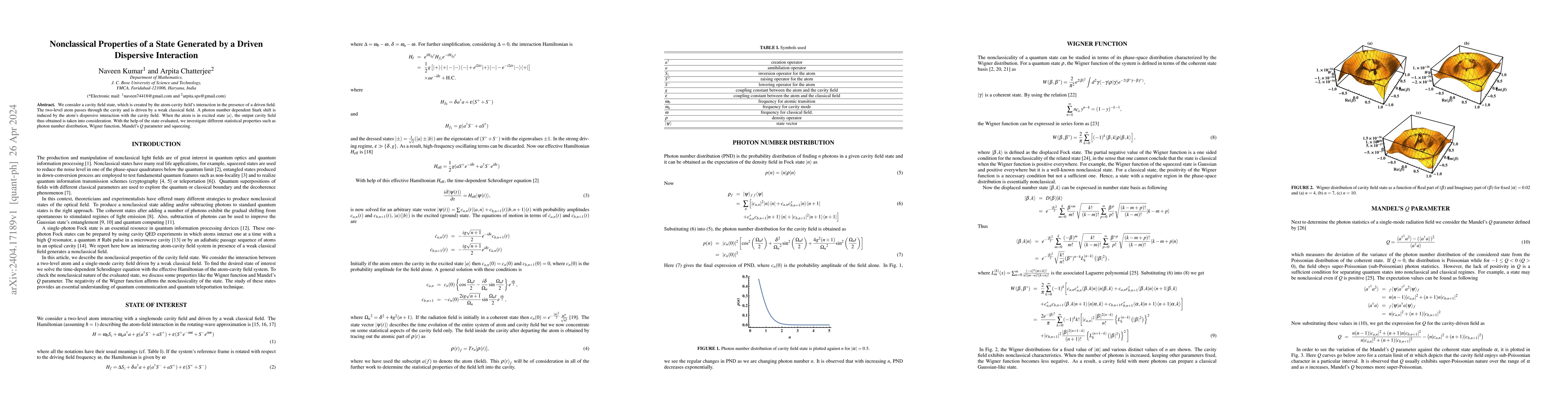 Thumbnail for Nonclassical properties of a state generated by a driven dispersive
  interaction