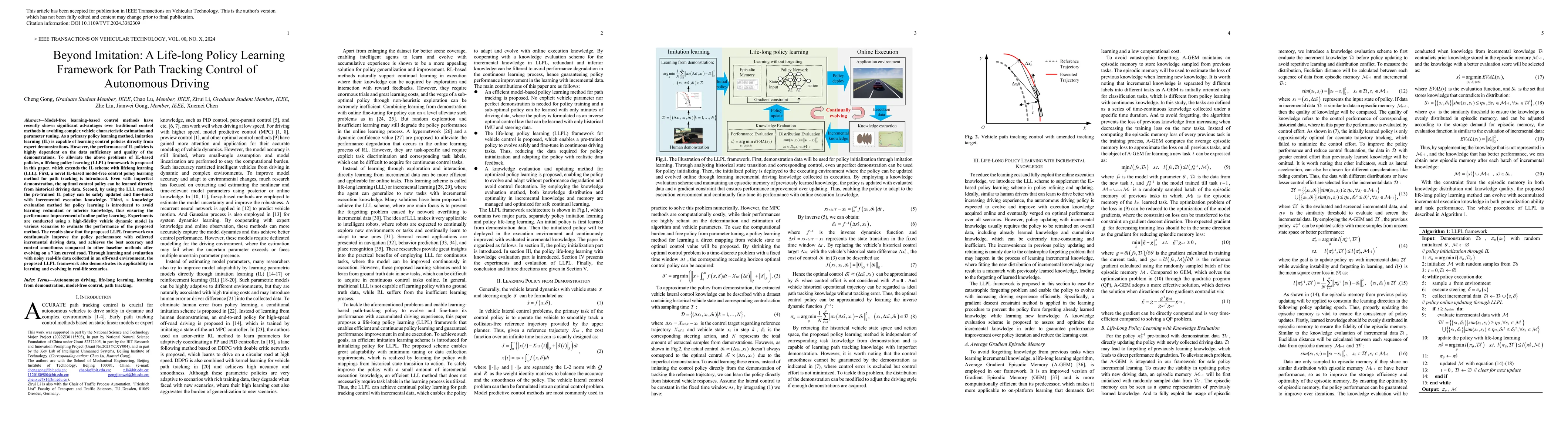 Thumbnail for Beyond Imitation: A Life-long Policy Learning Framework for Path
  Tracking Control of Autonomous Driving