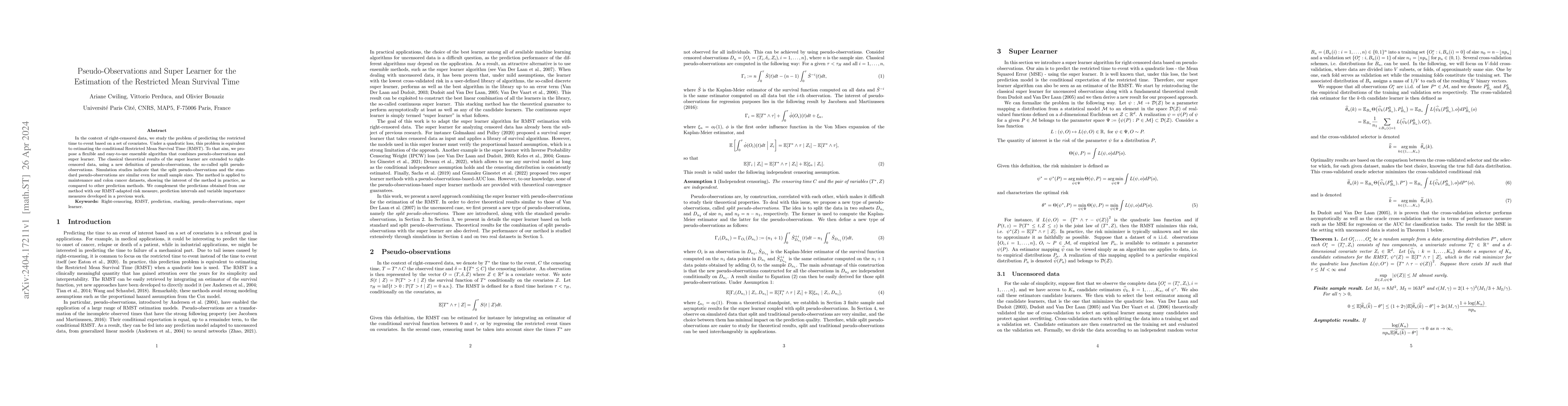 Thumbnail for Pseudo-Observations and Super Learner for the Estimation of the
  Restricted Mean Survival Time