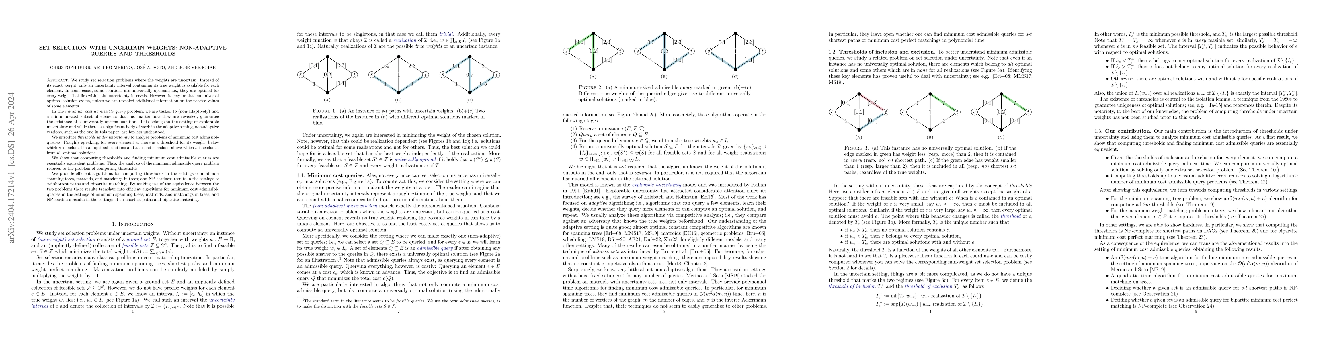 Thumbnail for Set Selection with Uncertain Weights: Non-Adaptive Queries and
  Thresholds