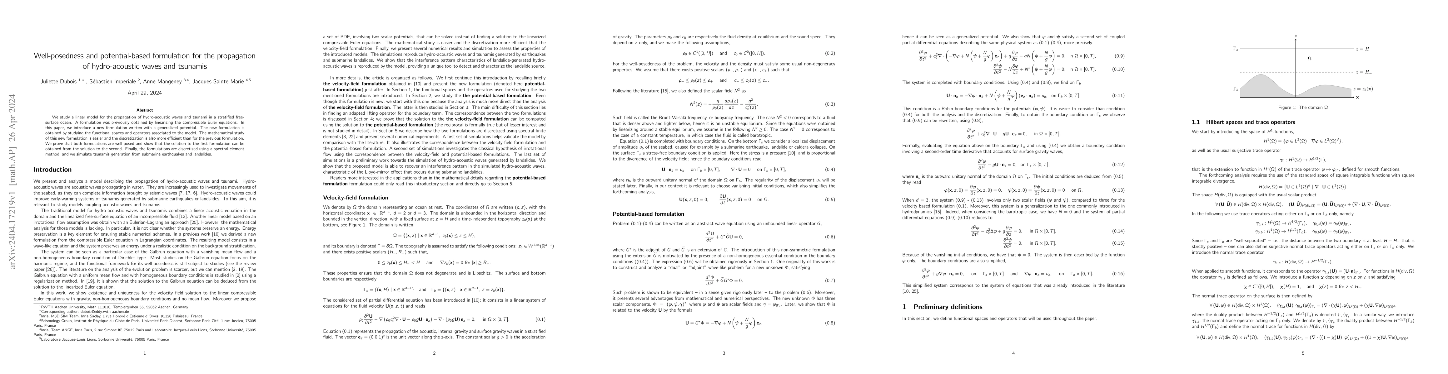 Thumbnail for Well-posedness and potential-based formulation for the propagation of
  hydro-acoustic waves and tsunamis