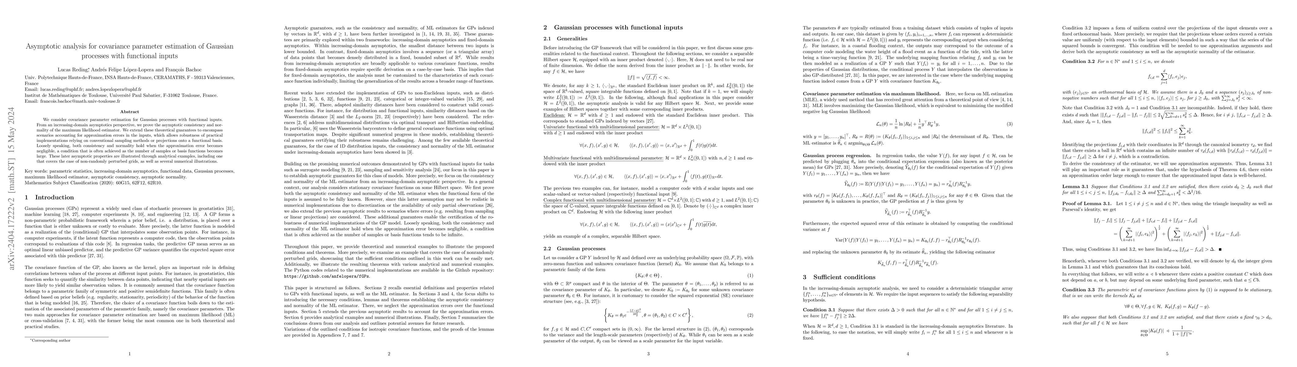 Thumbnail for Asymptotic analysis for covariance parameter estimation of Gaussian
  processes with functional inputs