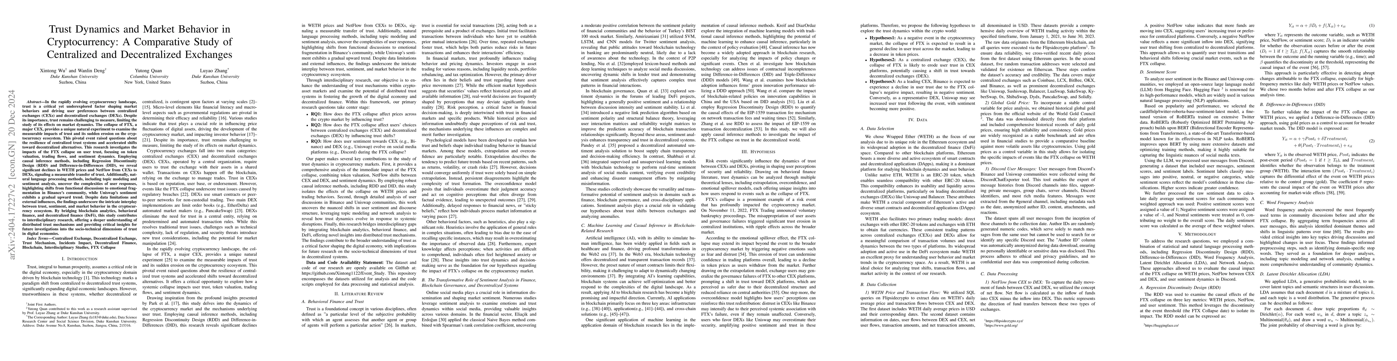 Thumbnail for Trust Dynamics and Market Behavior in Cryptocurrency: A Comparative
  Study of Centralized and Decentralized Exchanges