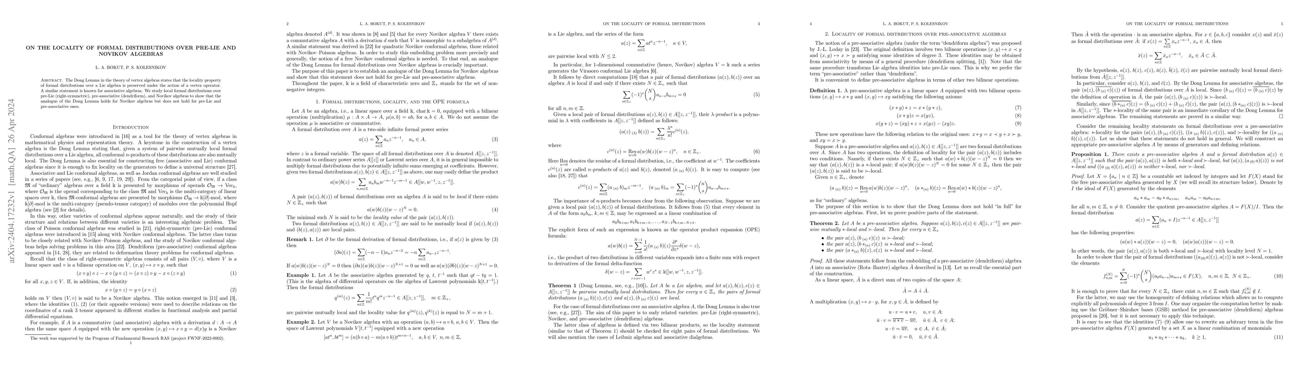 Thumbnail for On the locality of formal distributions over pre-Lie and Novikov
  algebras