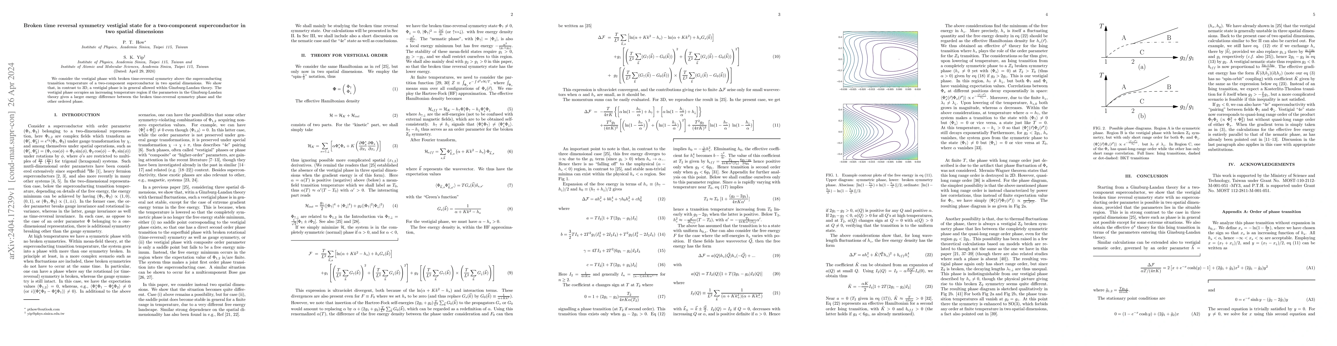Thumbnail for Broken time reversal symmetry vestigial state for a two-component
  superconductor in two spatial dimensions