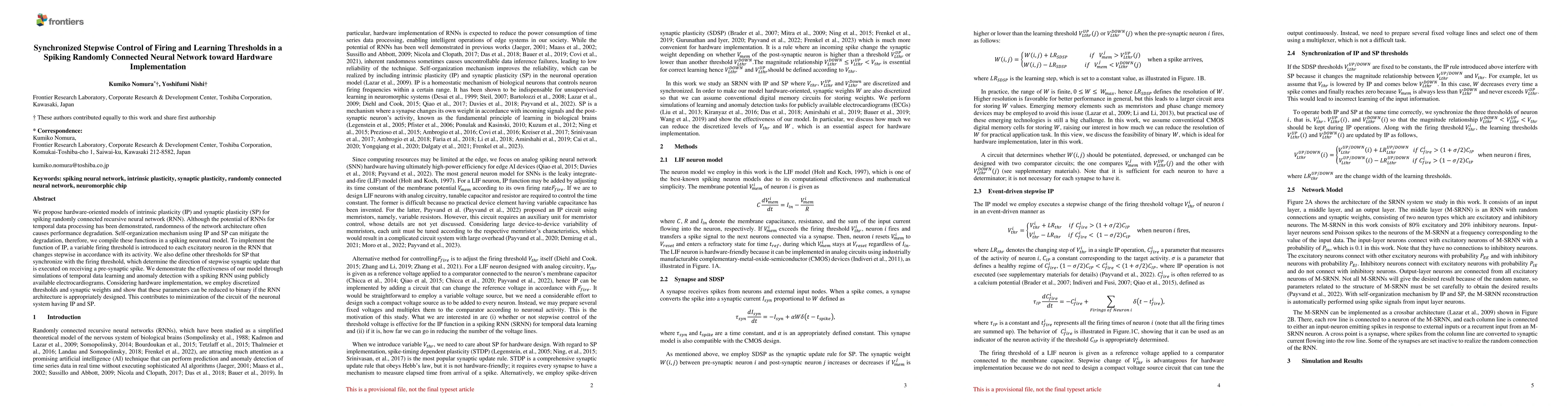Thumbnail for Synchronized Stepwise Control of Firing and Learning Thresholds in a
  Spiking Randomly Connected Neural Network toward Hardware Implementation