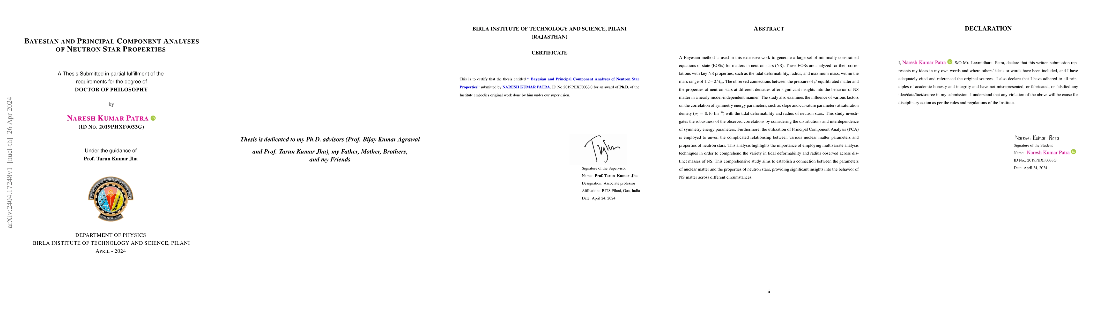 Thumbnail for Bayesian and Principal Component Analyses of Neutron Star Properties