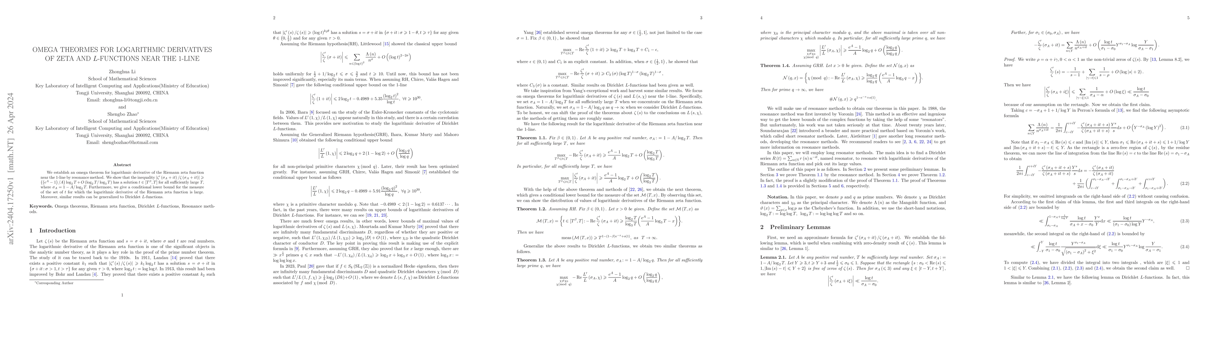 Thumbnail for Omega Theorems for Logarithmic Derivatives of Zeta and L-functions Near
  the 1-line