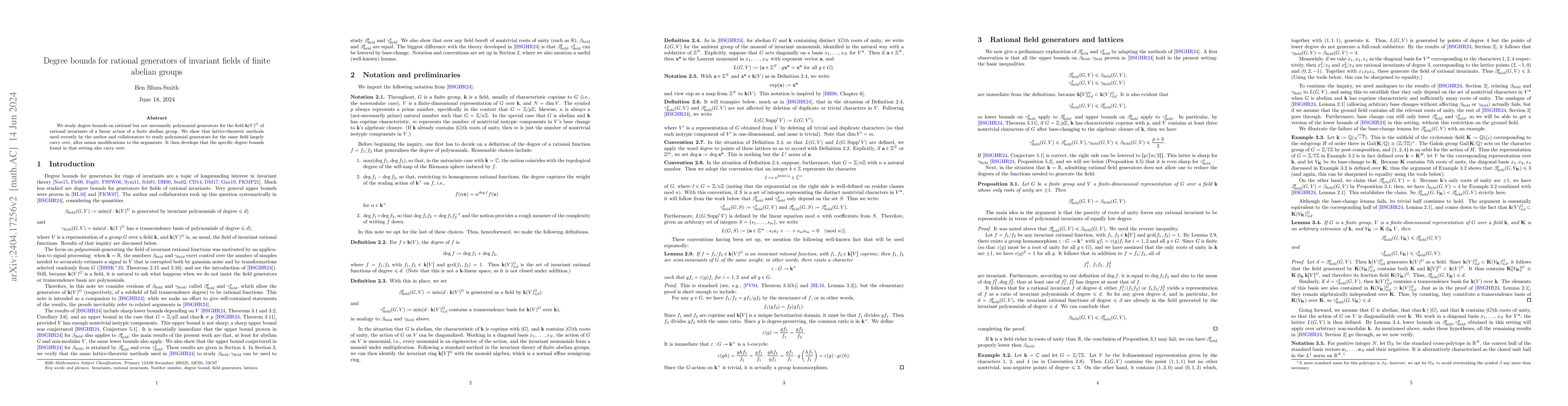 Thumbnail for Degree bounds for rational generators of invariant fields of finite
  abelian groups