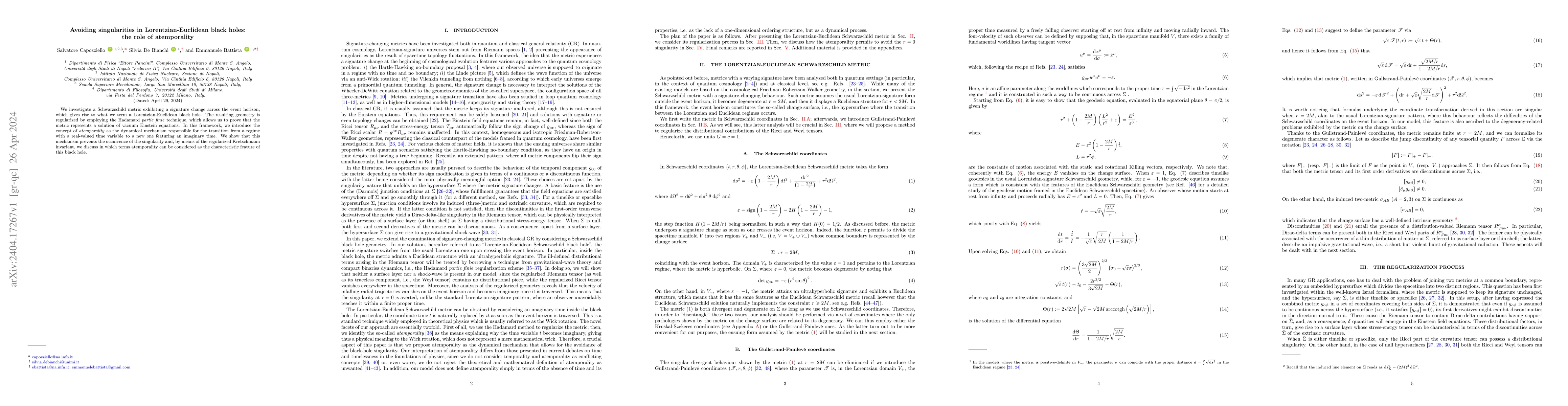 Thumbnail for Avoiding singularities in Lorentzian-Euclidean black holes: the role of
  atemporality