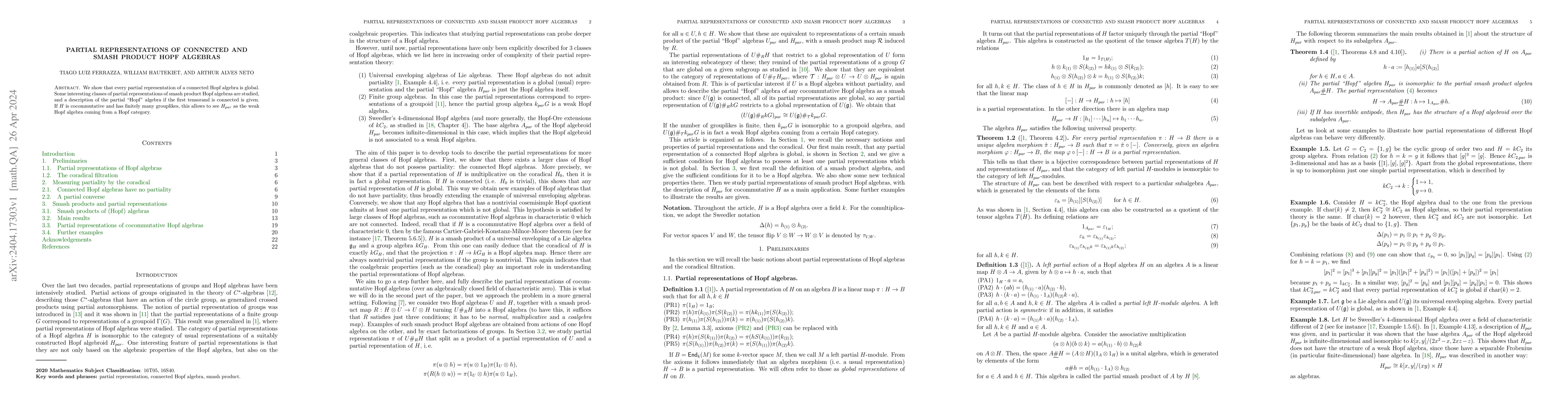 Thumbnail for Partial representations of connected and smash product Hopf algebras