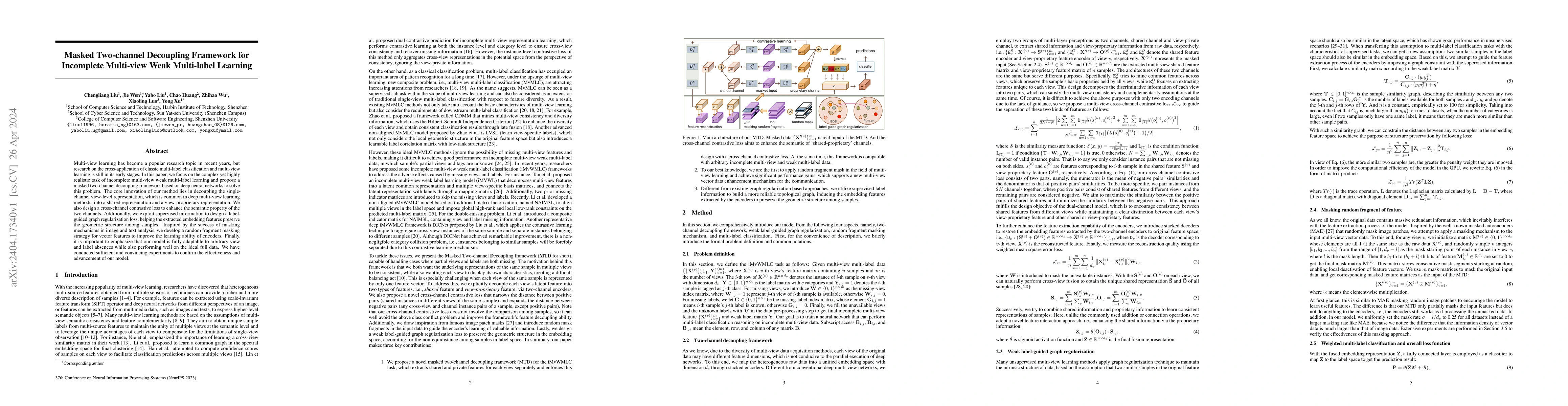 Thumbnail for Masked Two-channel Decoupling Framework for Incomplete Multi-view Weak
  Multi-label Learning