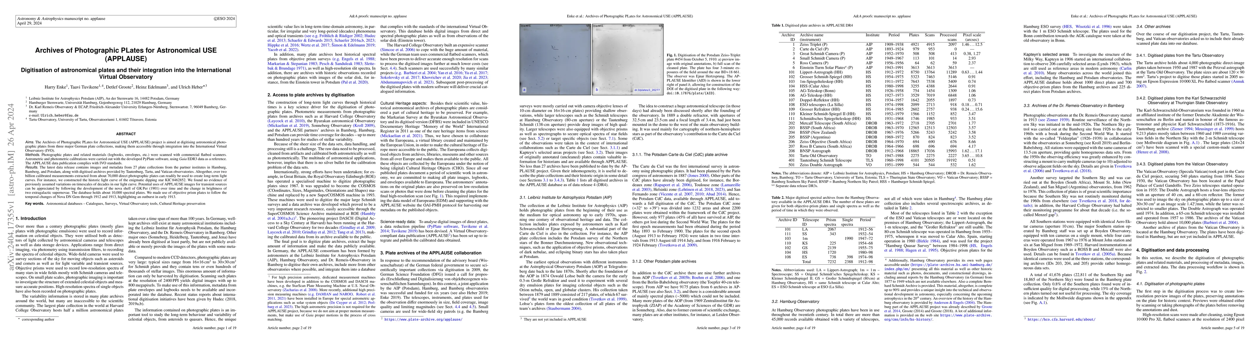 Thumbnail for Archives of Photographic PLates for Astronomical USE (APPLAUSE)
  Digitisation of astronomical plates and their integration into the
  International Virtual Observatory