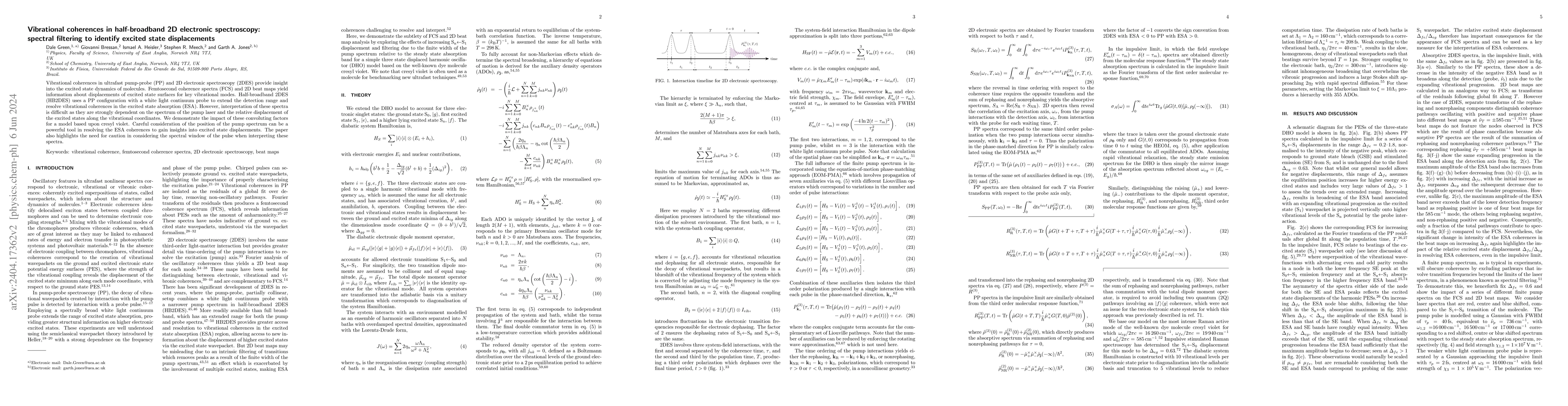 Thumbnail for Vibrational coherences in half-broadband 2D electronic spectroscopy:
  spectral filtering to identify excited state displacements