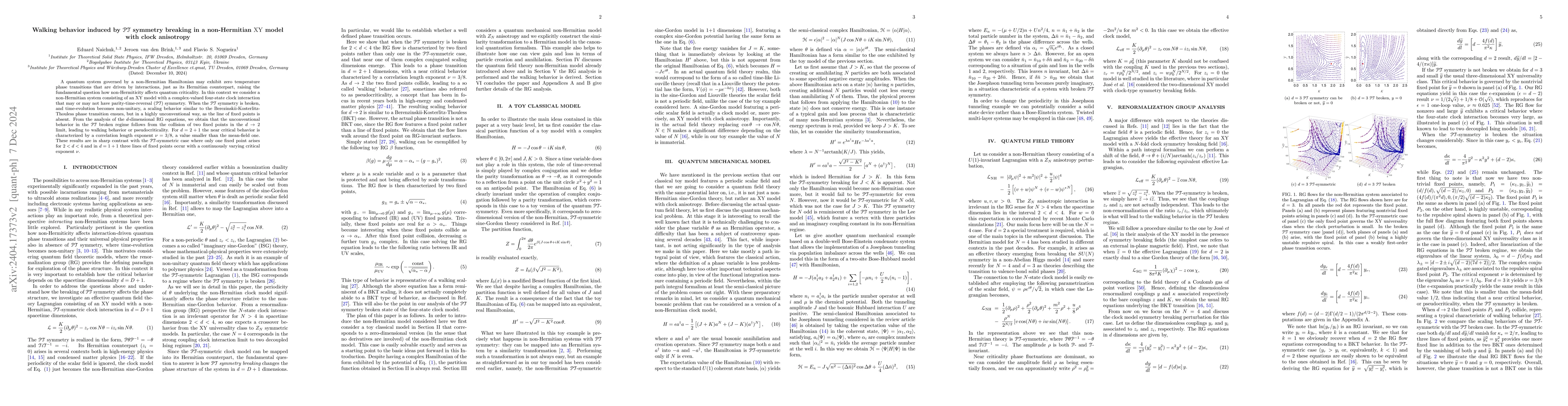 Thumbnail for Walking behavior induced by $\mathcal{PT}$ symmetry breaking in a
  non-Hermitian $\rm XY$ model with clock anisotropy
