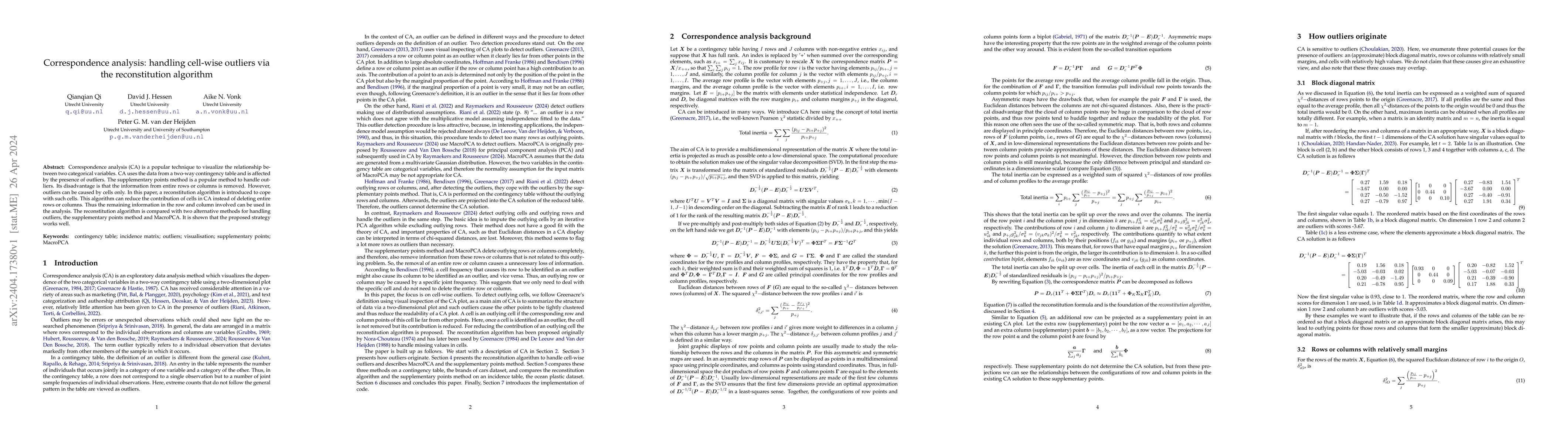 Thumbnail for Correspondence analysis: handling cell-wise outliers via the
  reconstitution algorithm