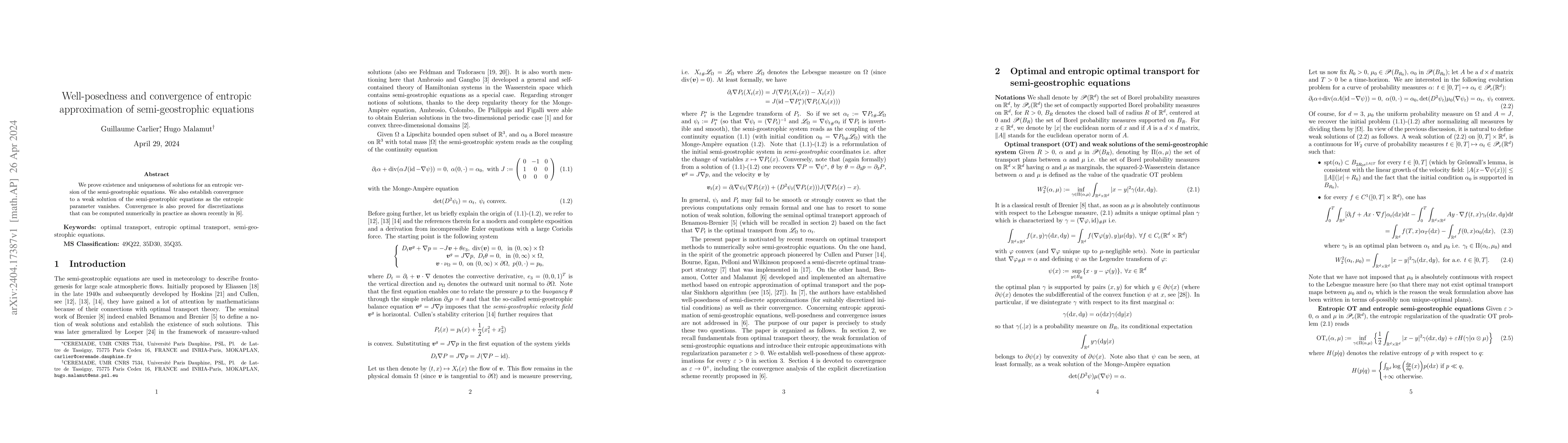 Thumbnail for Well-posedness and convergence of entropic approximation of
  semi-geostrophic equations