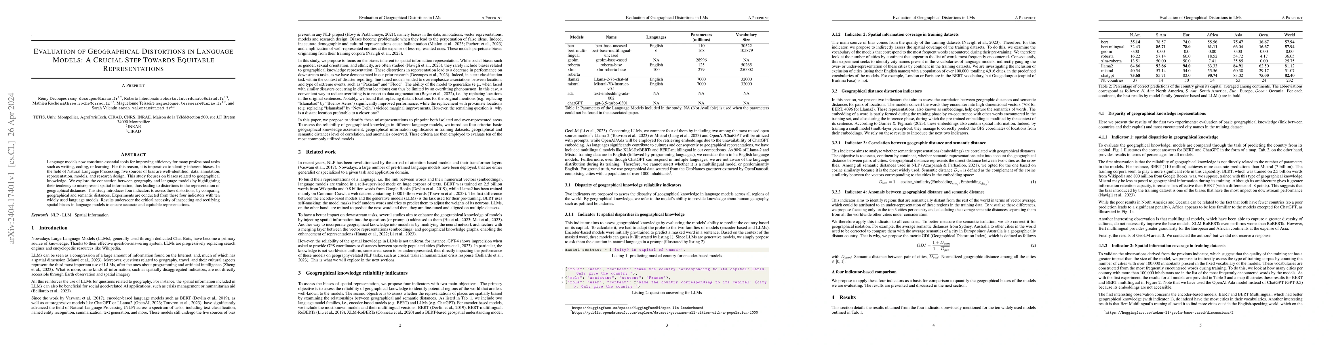 Thumbnail for Evaluation of Geographical Distortions in Language Models: A Crucial
  Step Towards Equitable Representations