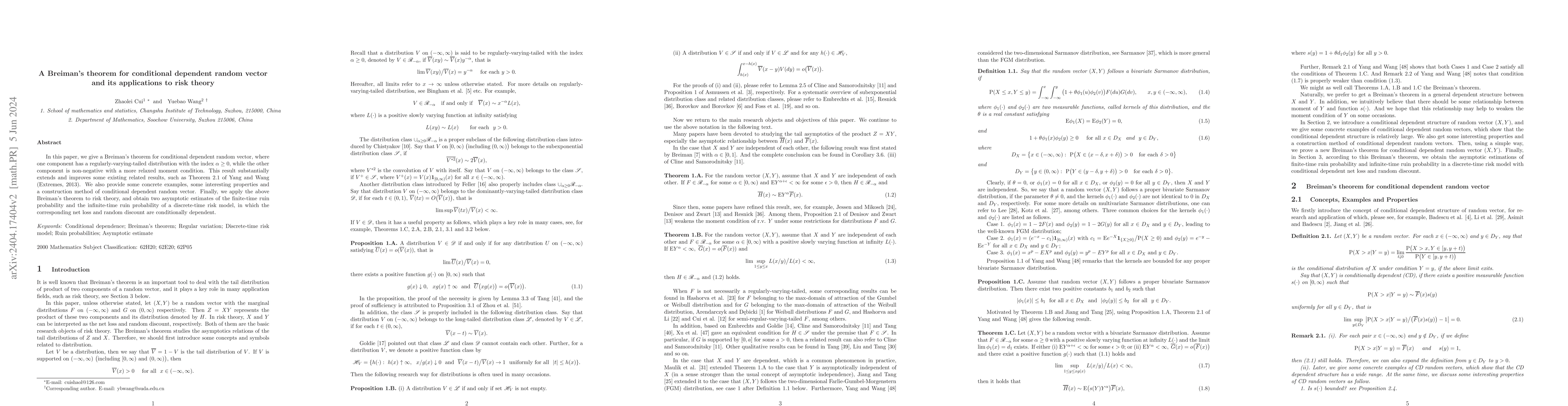 Thumbnail for A Breiman's theorem for conditional dependent random vector and its
  applications to risk theory