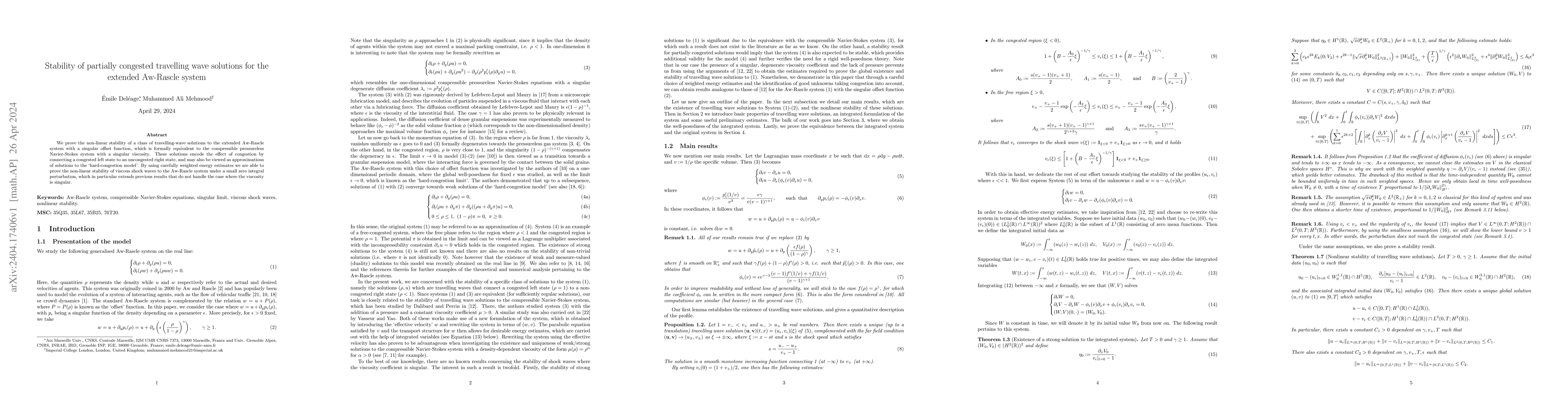 Thumbnail for Stability of partially congested travelling wave solutions for the
  extended Aw-Rascle system