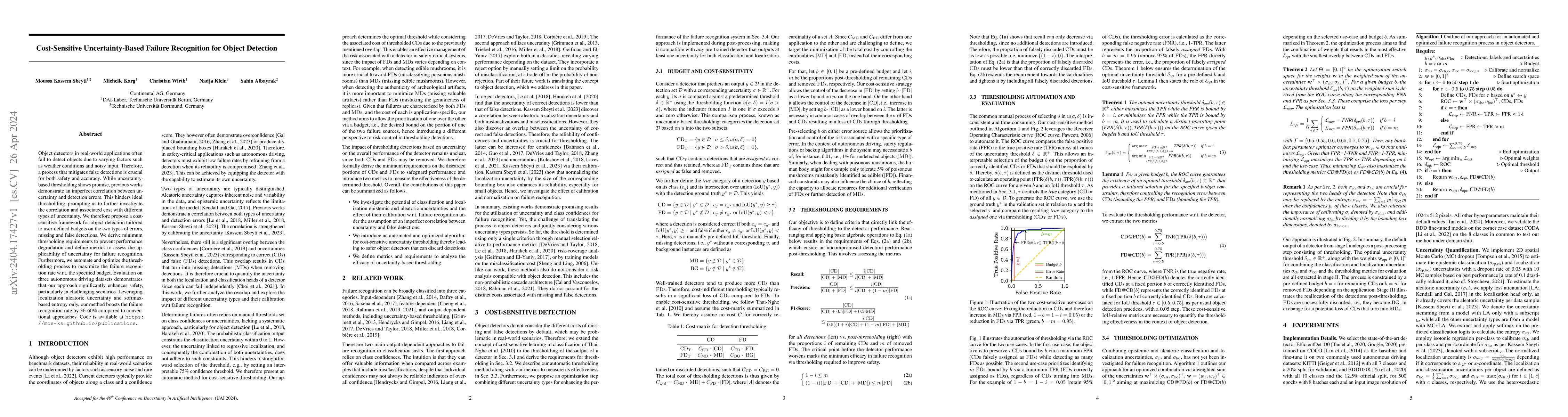 Thumbnail for Cost-Sensitive Uncertainty-Based Failure Recognition for Object
  Detection
