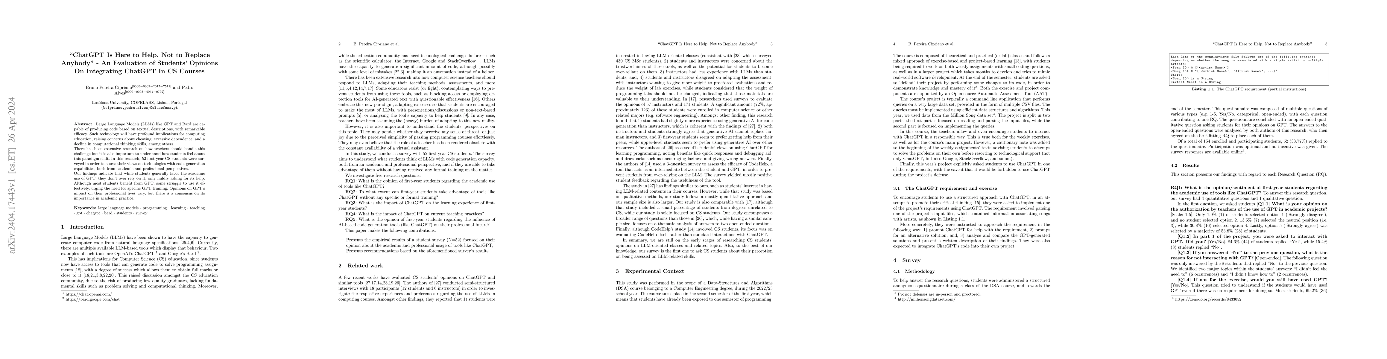 Thumbnail for "ChatGPT Is Here to Help, Not to Replace Anybody" -- An Evaluation of
  Students' Opinions On Integrating ChatGPT In CS Courses