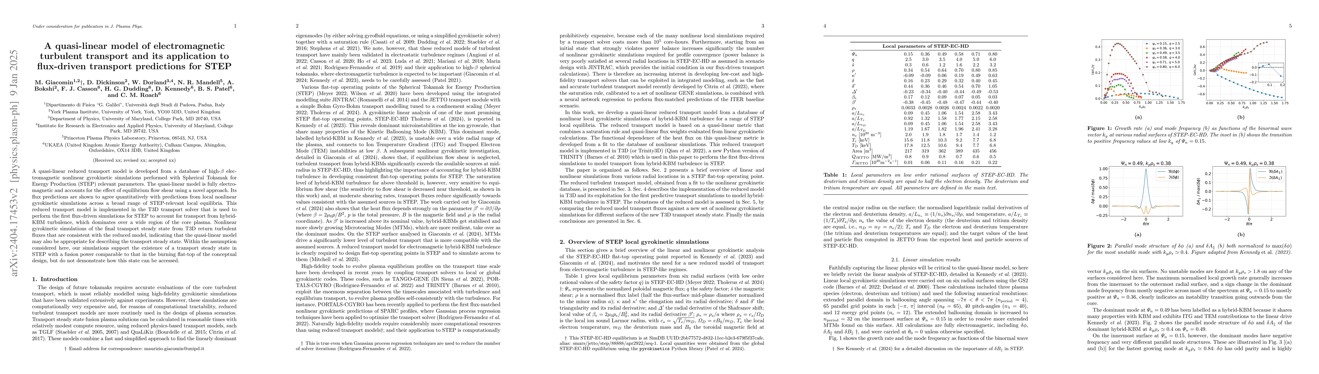 Thumbnail for A quasi-linear model of electromagnetic turbulent transport and its
  application to flux-driven transport predictions for STEP