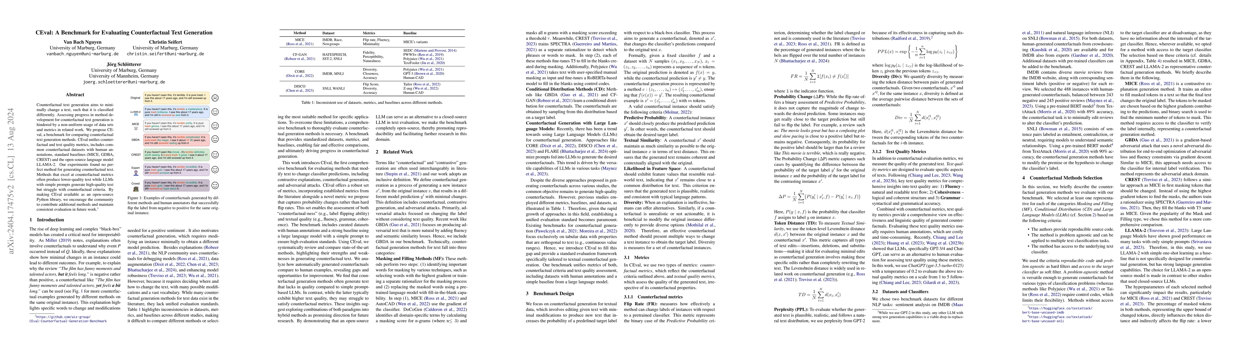 Thumbnail for CEval: A Benchmark for Evaluating Counterfactual Text Generation