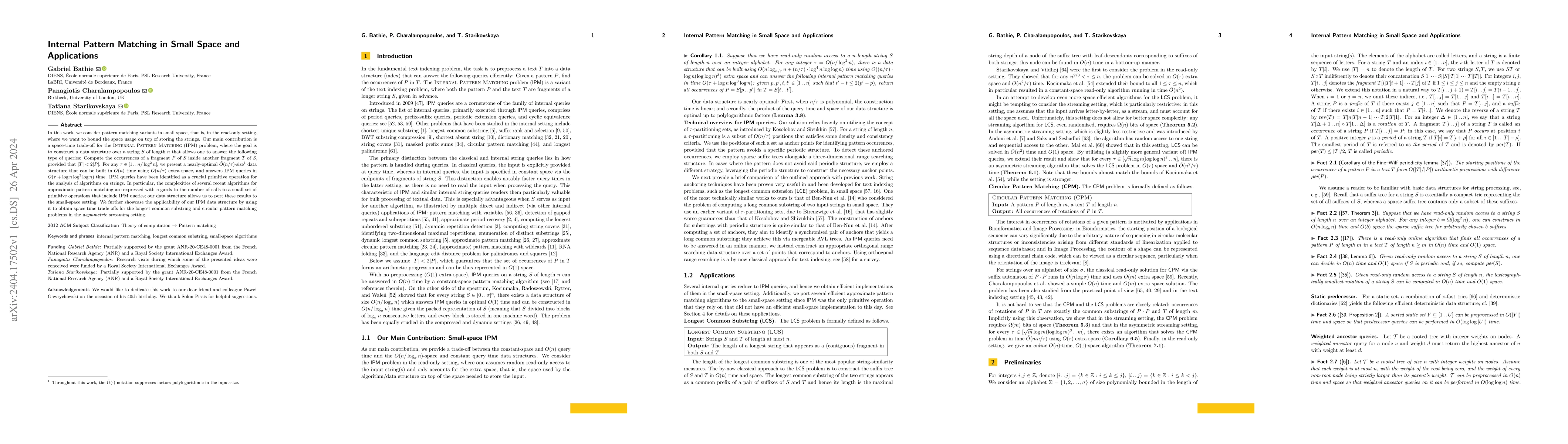 Thumbnail for Internal Pattern Matching in Small Space and Applications