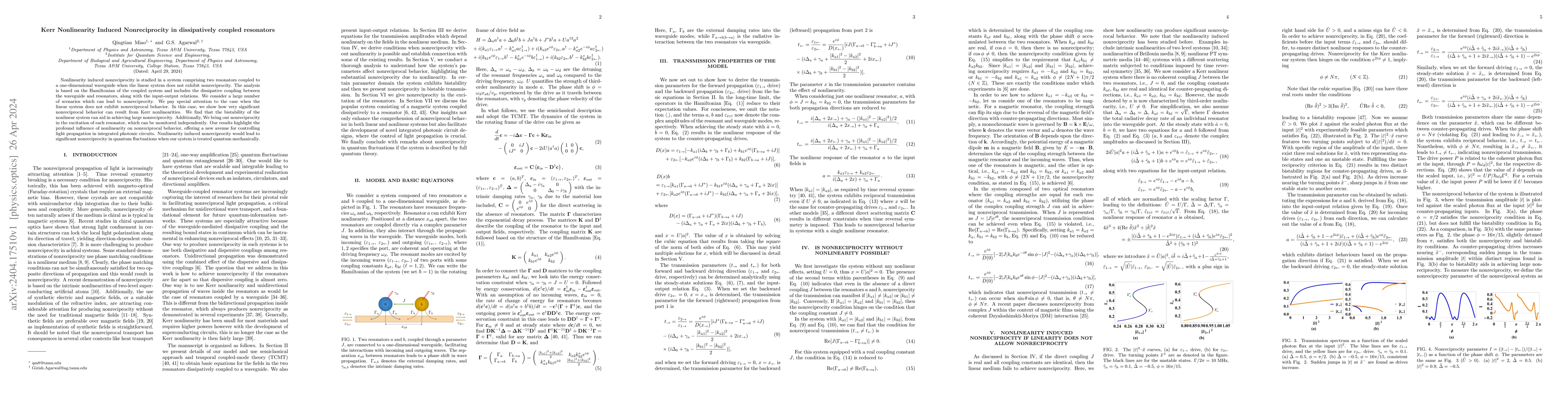 Thumbnail for Kerr Nonlinearity Induced Nonreciprocity in dissipatively coupled
  resonators