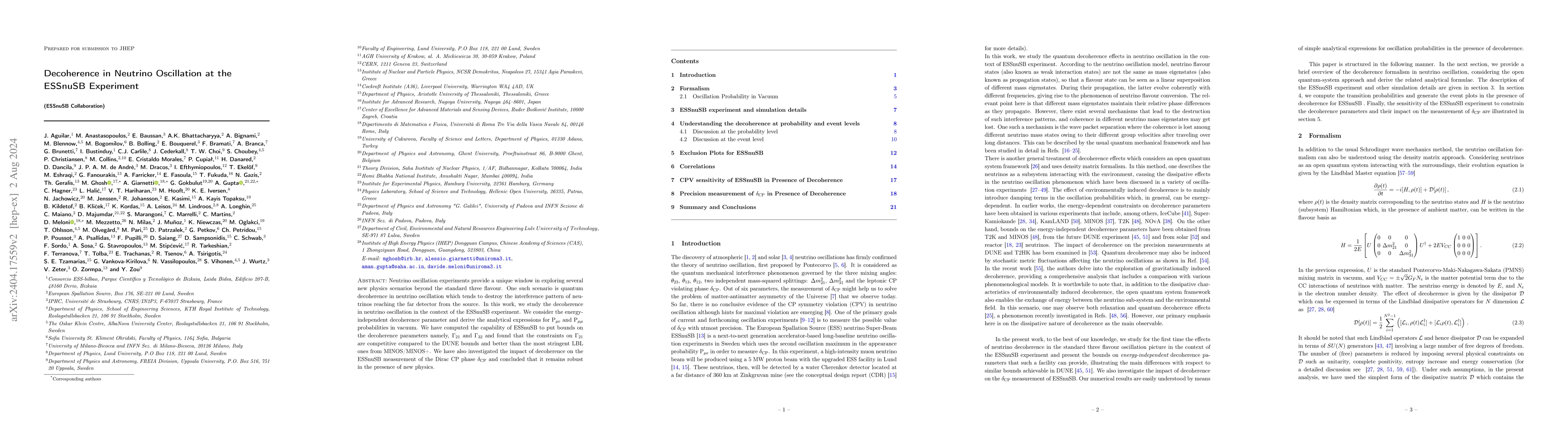 Thumbnail for Decoherence in Neutrino Oscillation at the ESSnuSB Experiment