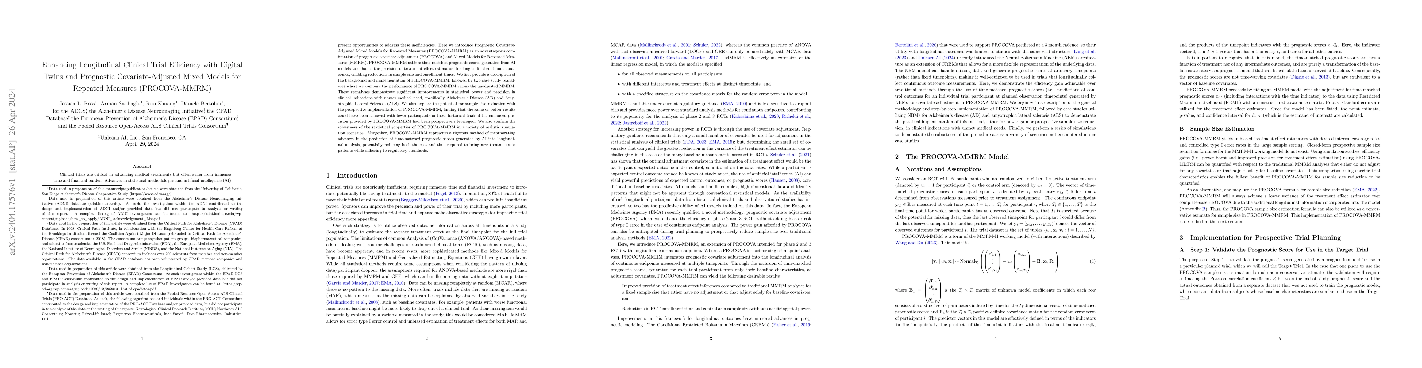 Thumbnail for Enhancing Longitudinal Clinical Trial Efficiency with Digital Twins and
  Prognostic Covariate-Adjusted Mixed Models for Repeated Measures
  (PROCOVA-MMRM)
