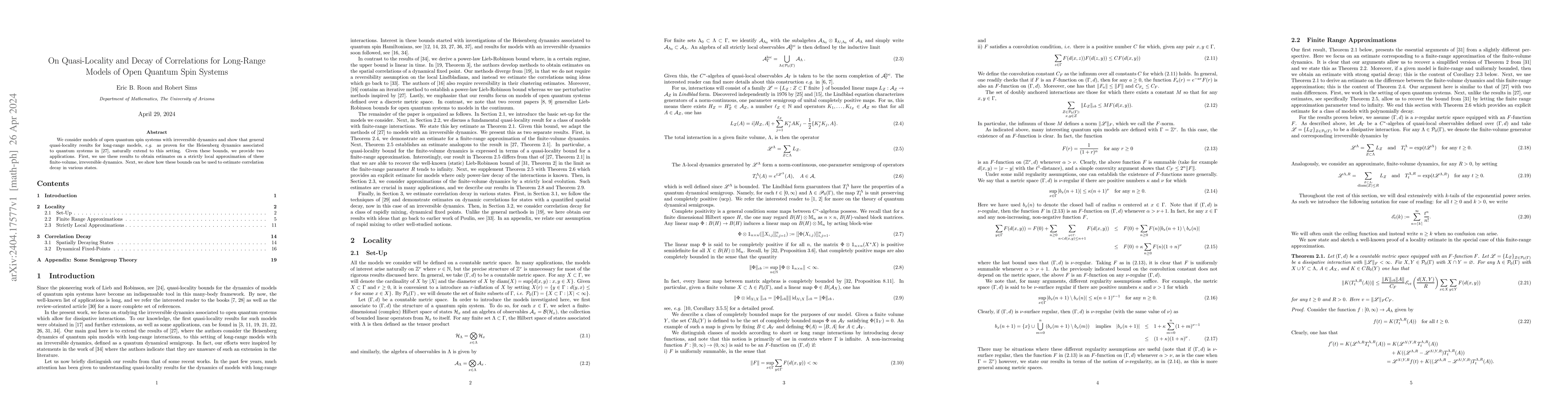 Thumbnail for On Quasi-Locality and Decay of Correlations for Long-Range Models of
  Open Quantum Spin Systems
